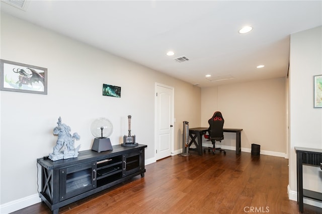 office area with dark wood-type flooring