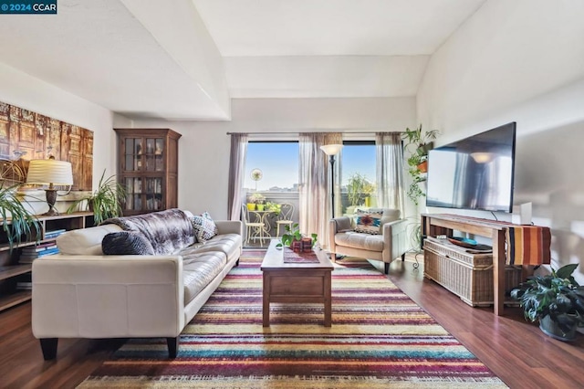 living room featuring lofted ceiling and dark wood-type flooring