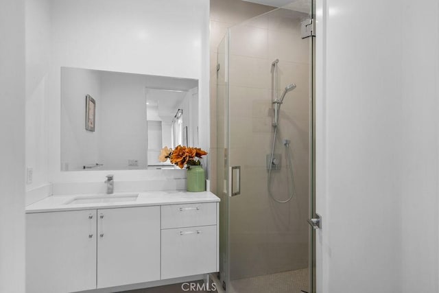 bathroom featuring vanity and a shower with door