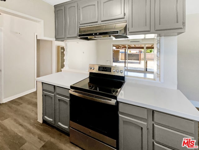 kitchen featuring stainless steel range with electric stovetop and gray cabinets