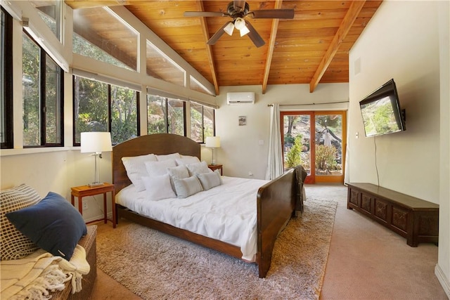 bedroom with carpet floors, access to outside, a wall unit AC, and ceiling fan