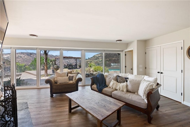 living room featuring a mountain view, dark hardwood / wood-style flooring, and a wealth of natural light