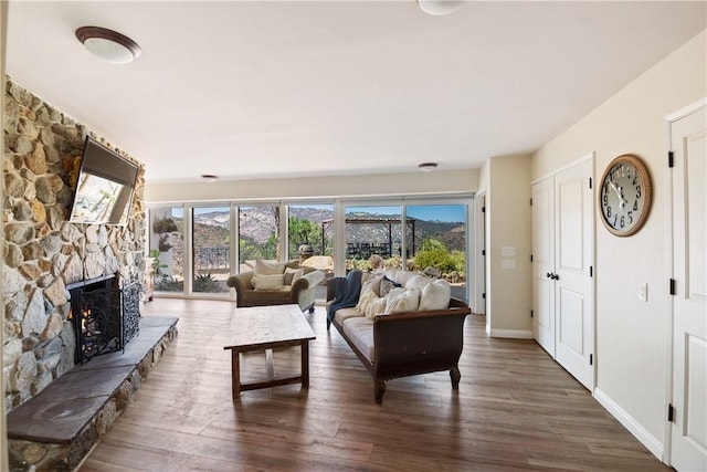 living room featuring a fireplace and dark hardwood / wood-style flooring