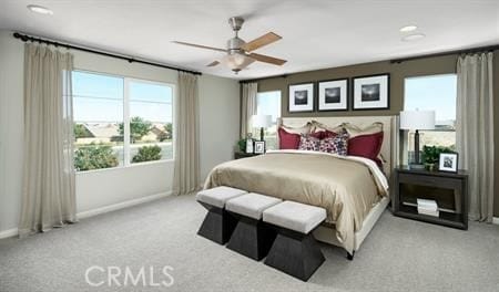 bedroom featuring light carpet and ceiling fan