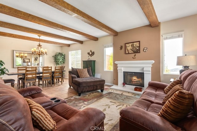 tiled living room featuring an inviting chandelier and beamed ceiling