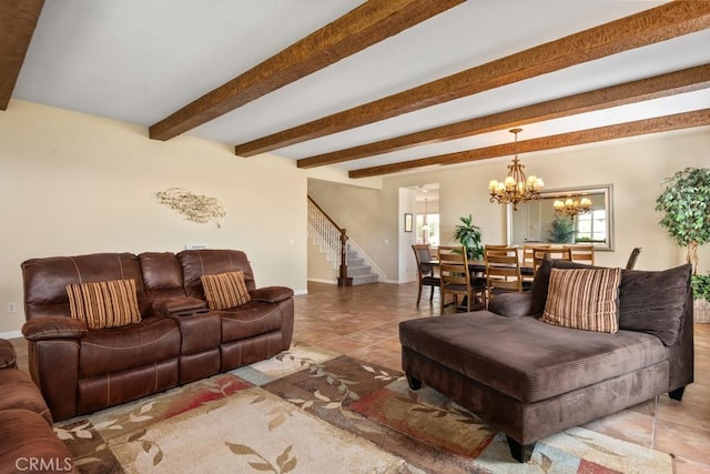 tiled living room with beam ceiling and a chandelier