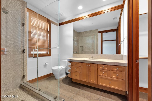 bathroom with vanity, toilet, and walk in shower