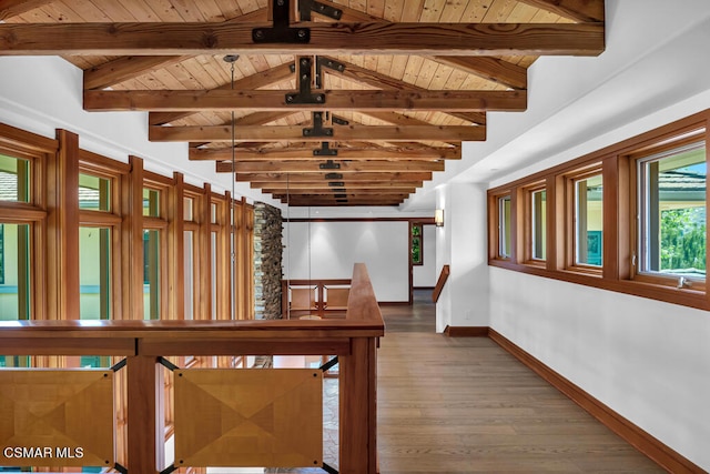 corridor featuring vaulted ceiling with beams, wood ceiling, and wood-type flooring