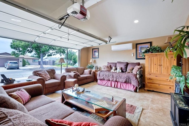 interior space featuring light tile patterned flooring and a wall mounted air conditioner