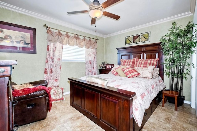 bedroom with crown molding and ceiling fan