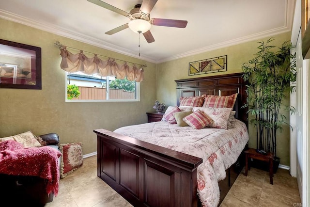 bedroom featuring ornamental molding and ceiling fan