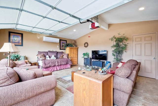 living room with lofted ceiling with beams and an AC wall unit