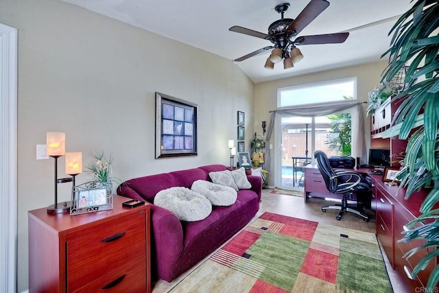 tiled home office with ceiling fan