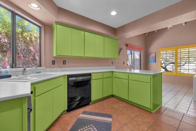 kitchen featuring light tile patterned flooring, dishwasher, kitchen peninsula, and green cabinetry