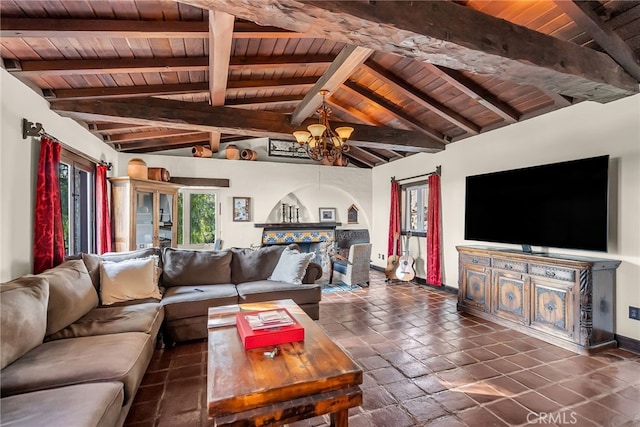 living room with beam ceiling, wood ceiling, an inviting chandelier, and high vaulted ceiling