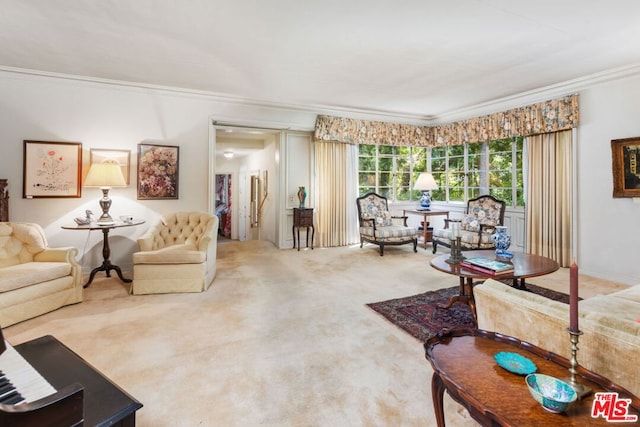 carpeted living room featuring crown molding