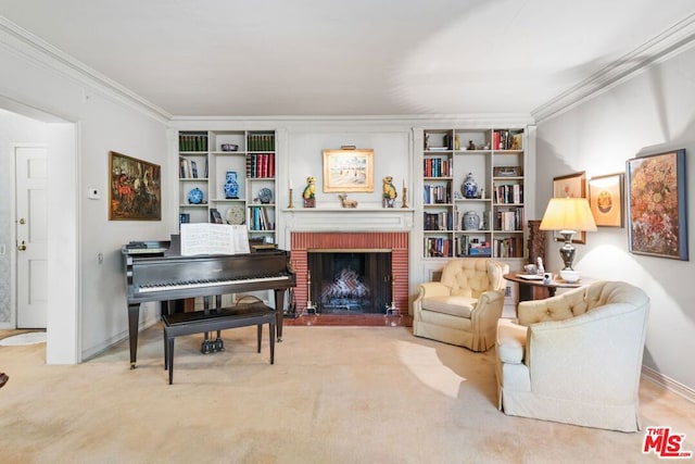 sitting room featuring carpet flooring, crown molding, and a fireplace