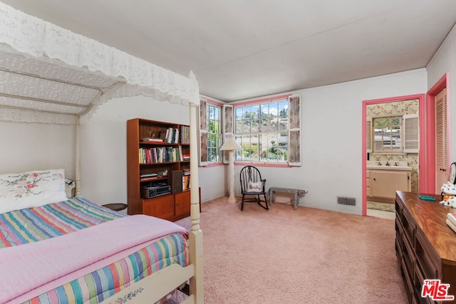 bedroom featuring ensuite bath, carpet floors, and multiple windows