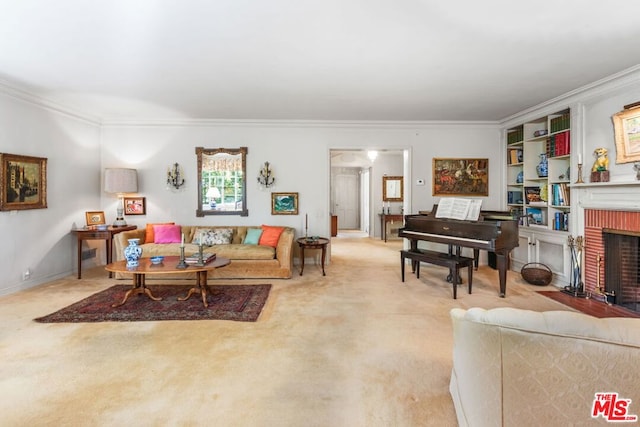 living room featuring a fireplace, light colored carpet, and crown molding