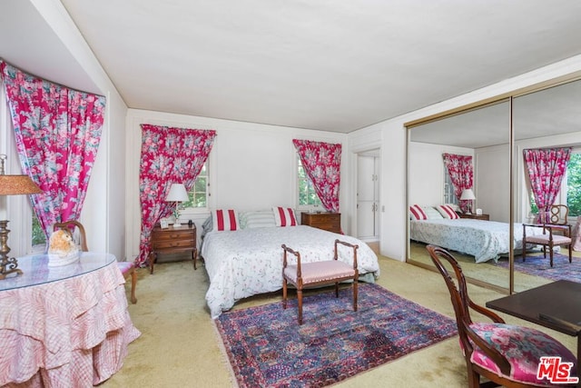 bedroom featuring a closet and light colored carpet