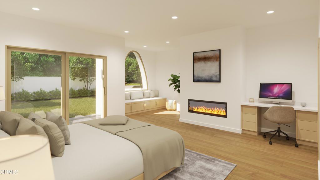 bedroom with baseboards, a glass covered fireplace, light wood-style flooring, and recessed lighting