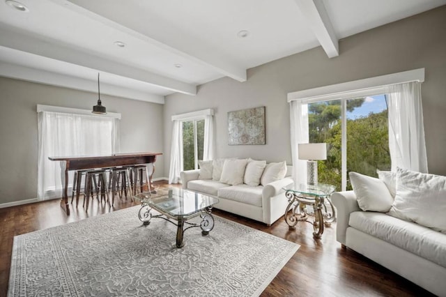 living room featuring a wealth of natural light, dark hardwood / wood-style flooring, and beamed ceiling