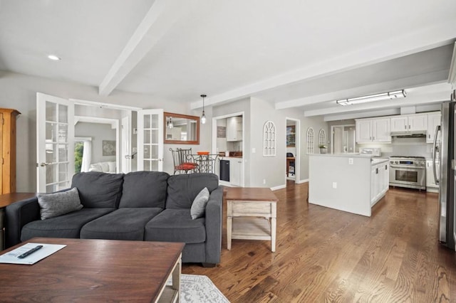 living room with dark hardwood / wood-style flooring, beam ceiling, and french doors