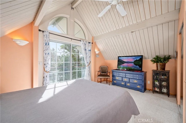 carpeted bedroom featuring access to outside, ceiling fan, and lofted ceiling with beams