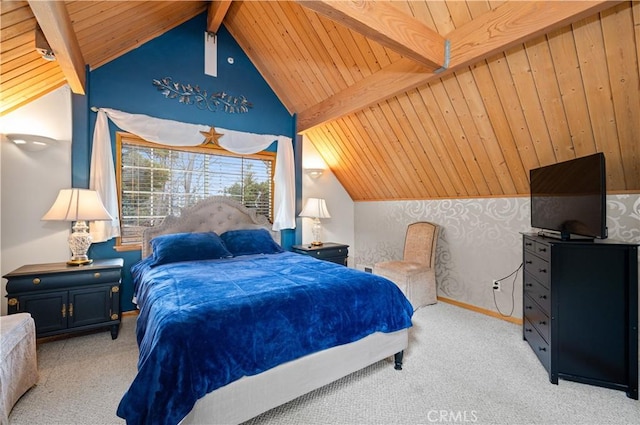 carpeted bedroom with vaulted ceiling with beams and wood ceiling