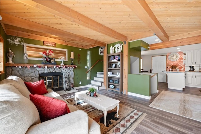 living room featuring beam ceiling, a fireplace, wood ceiling, and hardwood / wood-style flooring