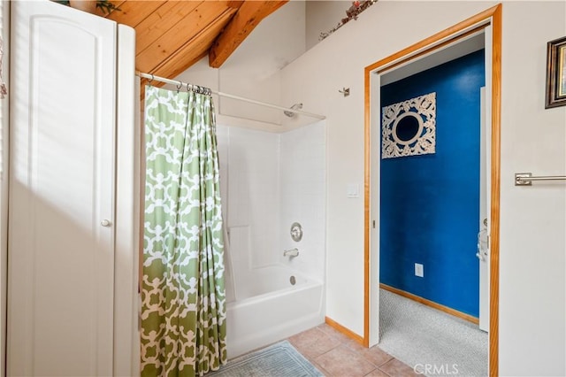 bathroom with shower / bath combination with curtain, lofted ceiling with beams, tile patterned floors, and wood ceiling