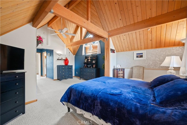 carpeted bedroom featuring wood ceiling and lofted ceiling with beams