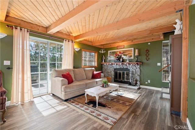 living room featuring hardwood / wood-style floors, beam ceiling, wooden ceiling, and a fireplace