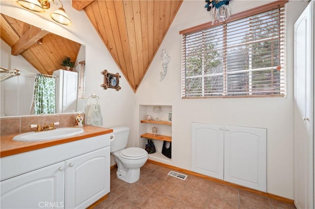 bathroom with tile patterned floors, wood ceiling, vanity, lofted ceiling with beams, and toilet