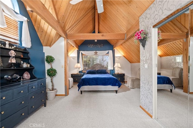 bedroom featuring light carpet, lofted ceiling with beams, ceiling fan, and wood ceiling