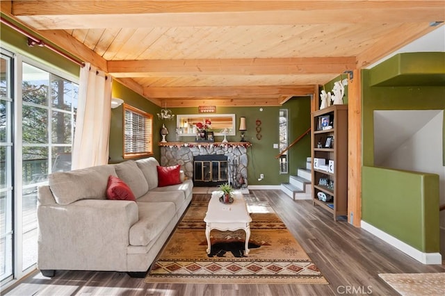 living room featuring a fireplace, beam ceiling, wooden ceiling, and dark wood-type flooring