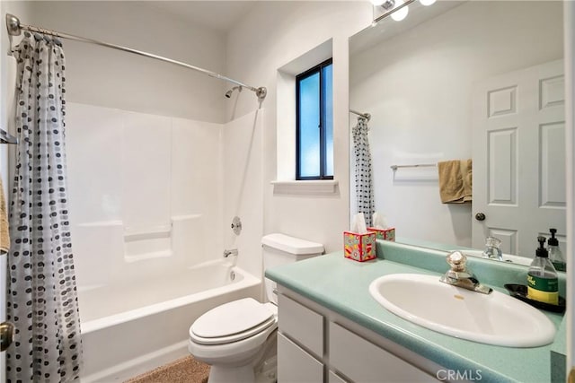 bathroom with toilet, shower / bathtub combination with curtain, and vanity