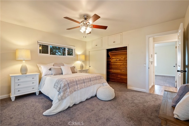 bedroom featuring carpet, a closet, and ceiling fan