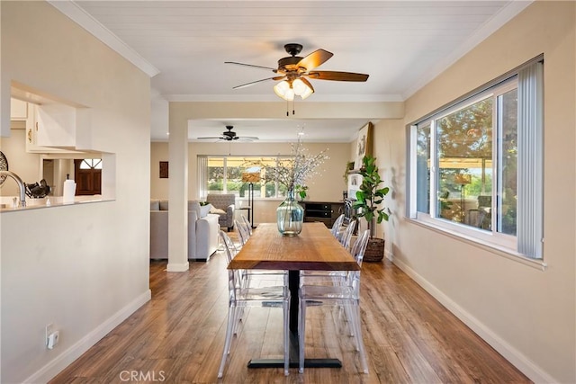dining space with wood finished floors, ornamental molding, baseboards, and a ceiling fan