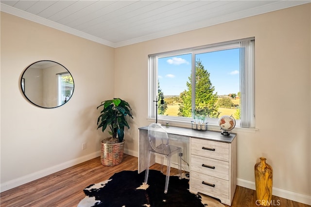 office area featuring crown molding and hardwood / wood-style floors