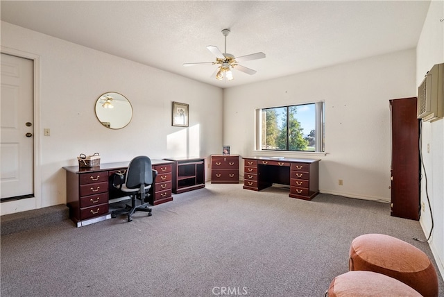 home office with ceiling fan and light colored carpet