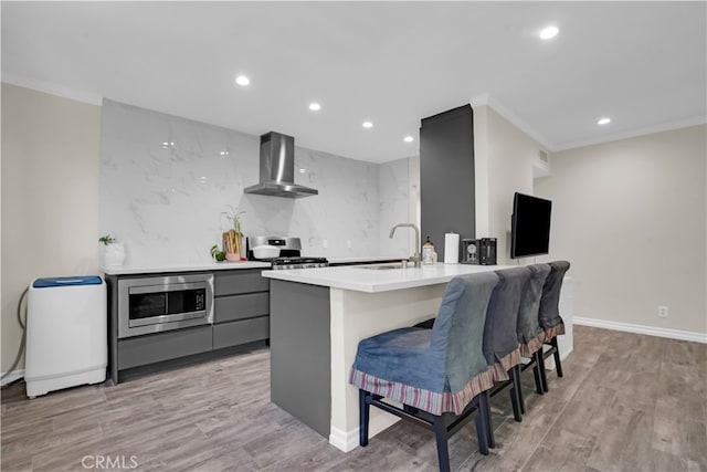 kitchen featuring sink, gray cabinetry, light hardwood / wood-style flooring, wall chimney range hood, and appliances with stainless steel finishes