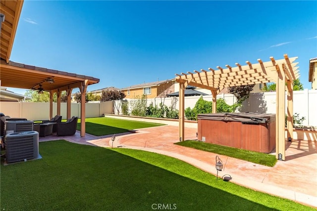 view of yard with a pergola, cooling unit, a patio, and a hot tub