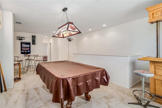 rec room with light carpet and pool table