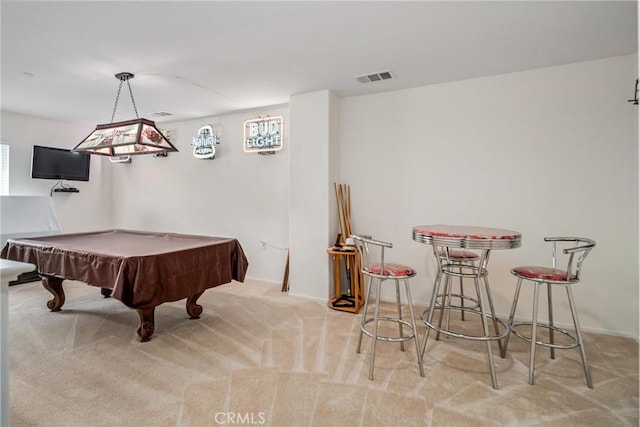 game room featuring light colored carpet and billiards