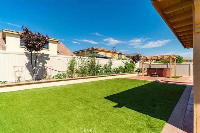 view of yard with a pergola, a patio, and a hot tub