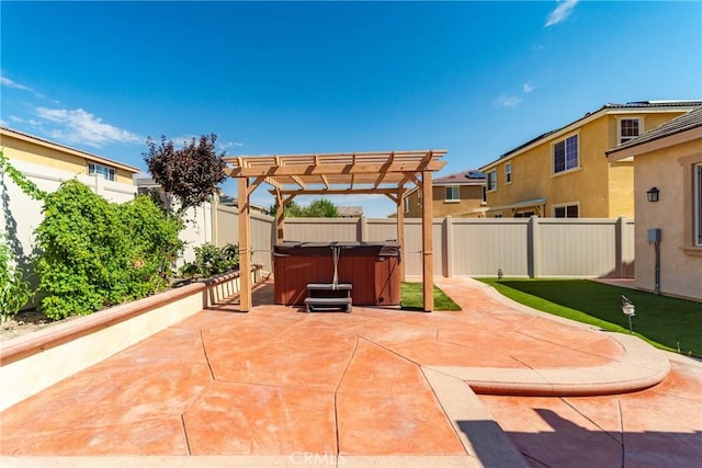 view of patio with a pergola and a hot tub