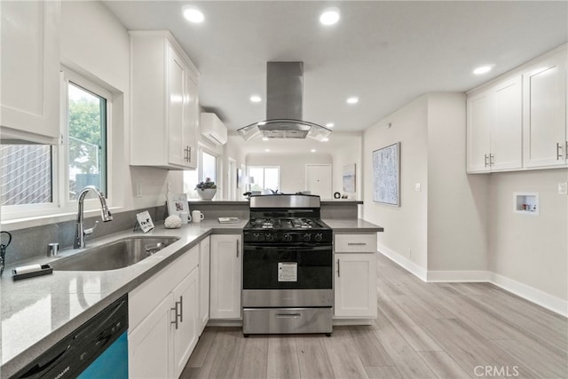 kitchen with sink, island exhaust hood, light hardwood / wood-style flooring, dishwasher, and stainless steel range with gas cooktop