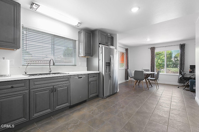 kitchen with gray cabinets, stainless steel appliances, and sink