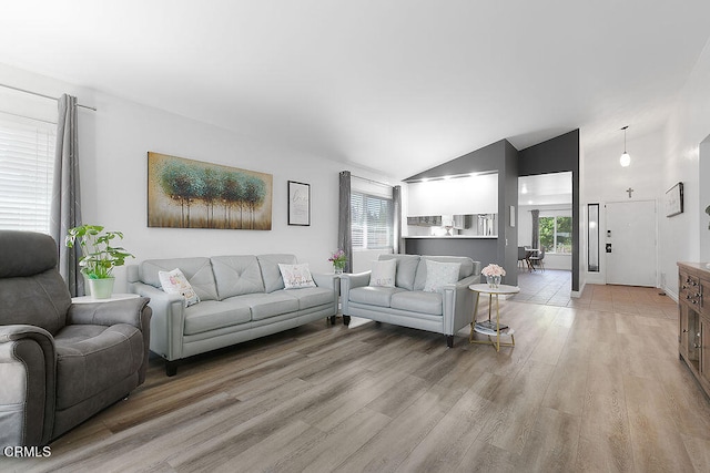 living room with light wood-type flooring and vaulted ceiling